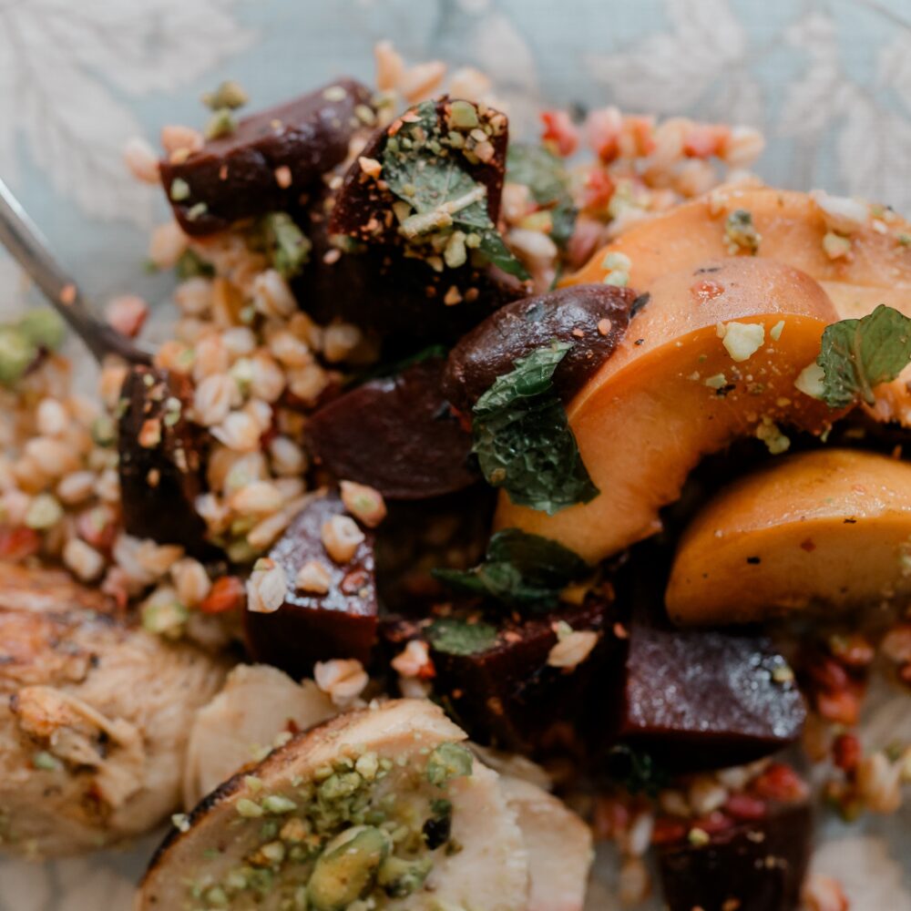 Beet & Peach Farro Grilled Chicken Salad